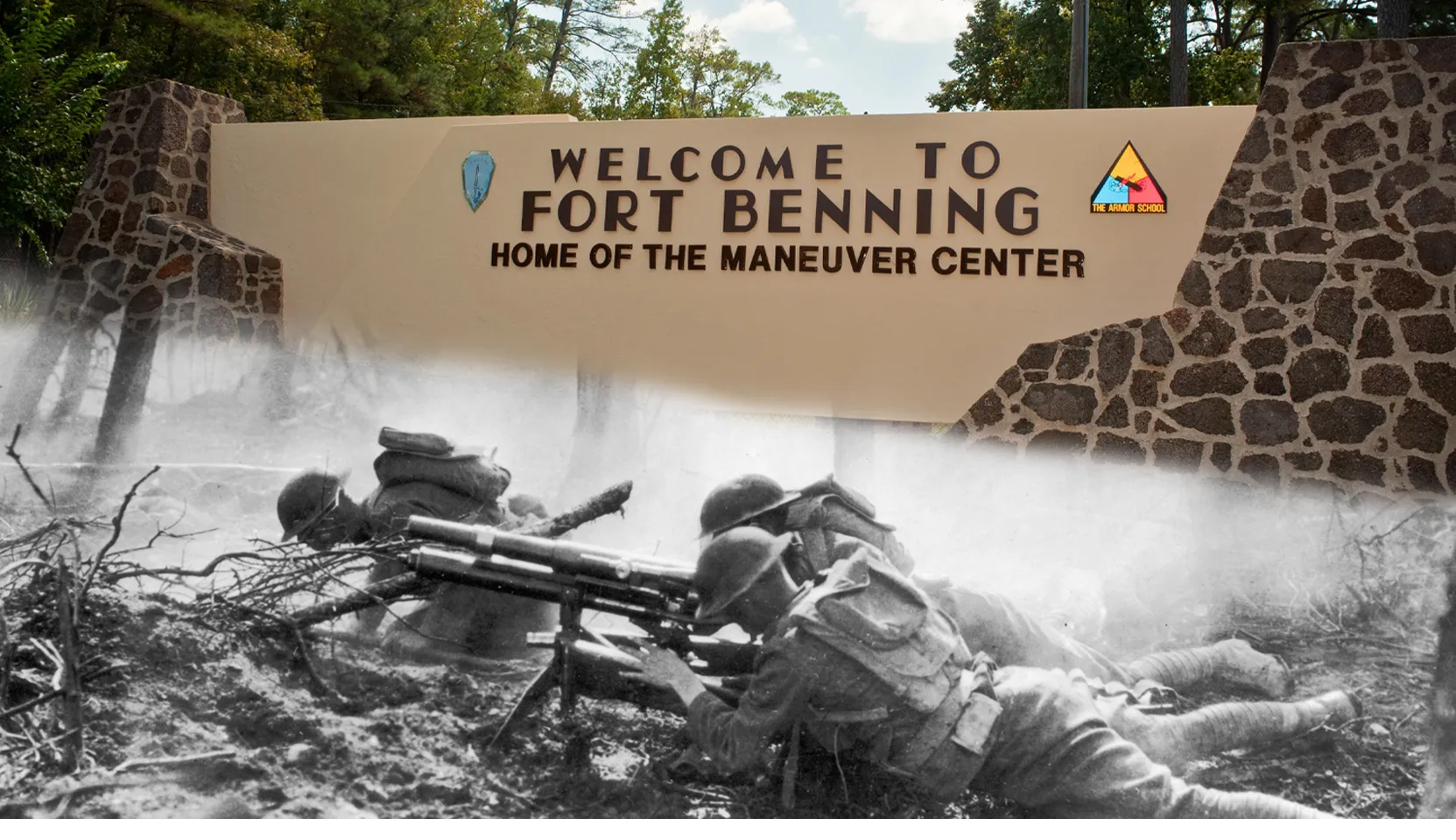 Welcome sign at Fort Benning in Columbus, Georgia, overlaid with a historic photograph of U.S. Army infantry soldiers